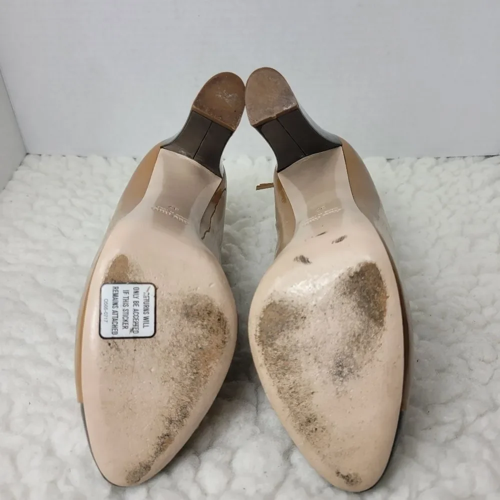 Miu Miu Bottie Women's Shoes Size 6.5 Beige Patent Leather Black Cap Toe Zipper